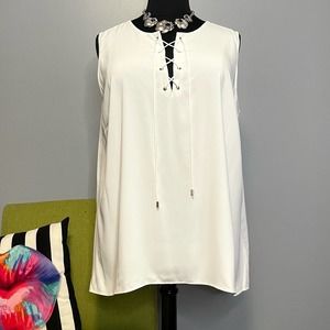 Calvin Klein White Silky Lace Neck Blouse Top NEW 2X